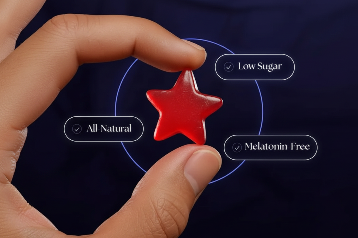 Hand holding a red star with checkboxes indicating 'Low Sugar', 'All Natural', and 'Melatonin Free' on a dark background.